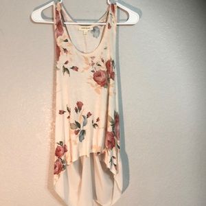 Floral print, dusty rose, sleeveless, open back.